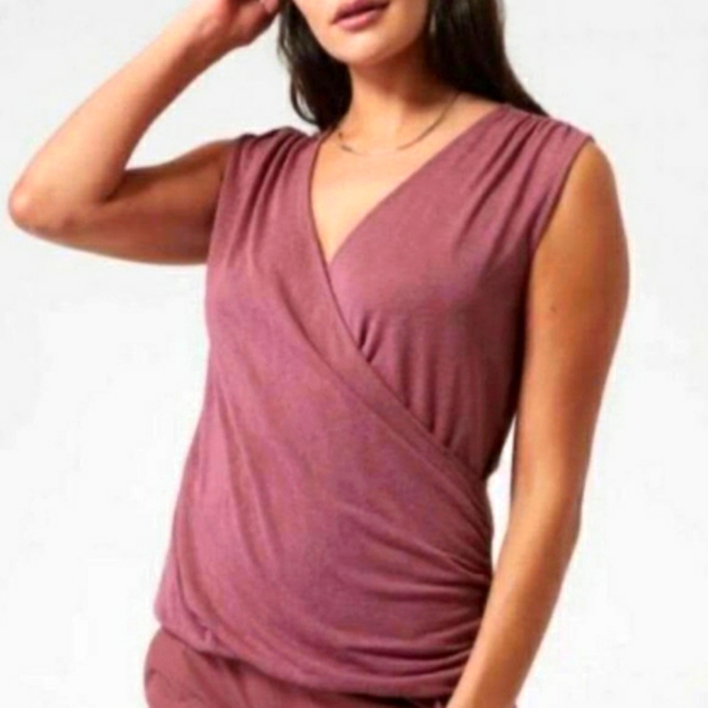 Athleta Breezy Wrap Front Tank Top Demask Mauve Activewear Cross Front